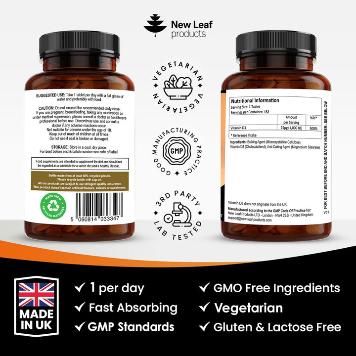 New Leaf Vitamin D3 (1000iu) - 183 Tablets - 6 Months Supply