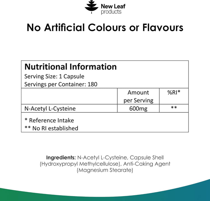 New Leaf NAC 600mg - High Bioavailability Amino Acid - 180 Capsules