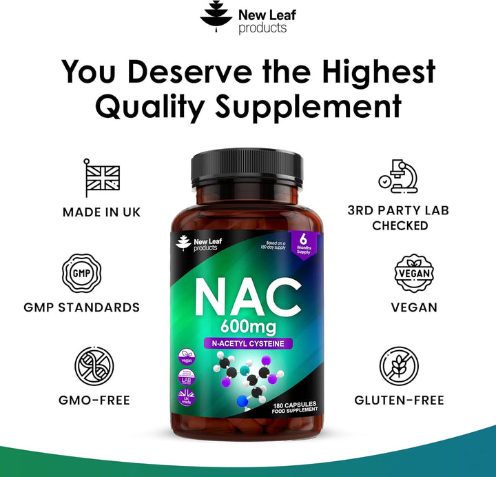 New Leaf NAC 600mg - High Bioavailability Amino Acid - 180 Capsules