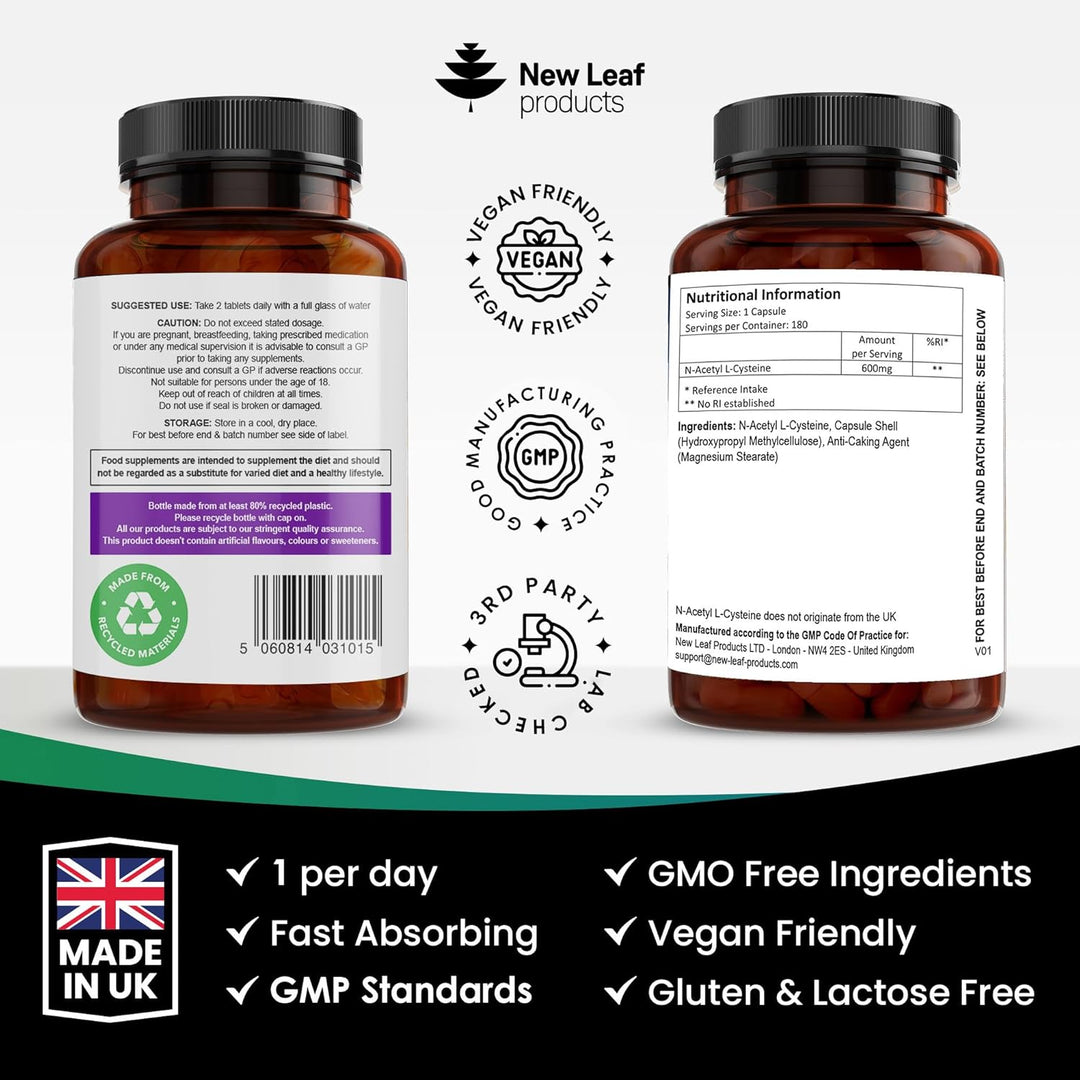 New Leaf NAC 600mg - High Bioavailability Amino Acid - 180 Capsules
