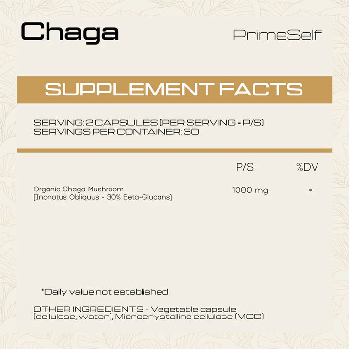 PrimeSelf Organic Chaga Mushroom - 60 Capsules