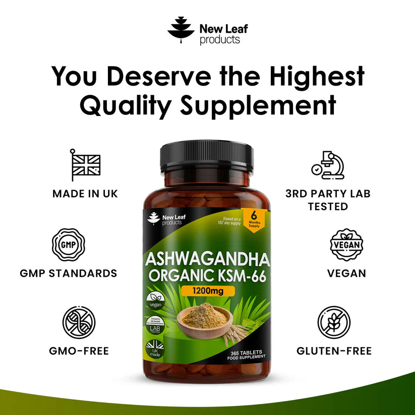 New Leaf Ashwagandha KSM-66 1200mg Root Extract - High Strength - 365 Tablets (6 Months Supply)