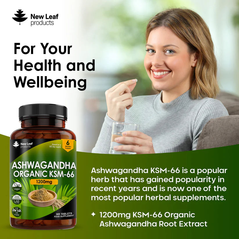 New Leaf Ashwagandha KSM-66 1200mg Root Extract - High Strength - 365 Tablets (6 Months Supply)