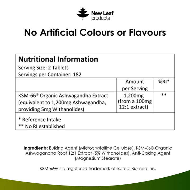 New Leaf Ashwagandha KSM-66 1200mg Root Extract - High Strength - 365 Tablets (6 Months Supply)