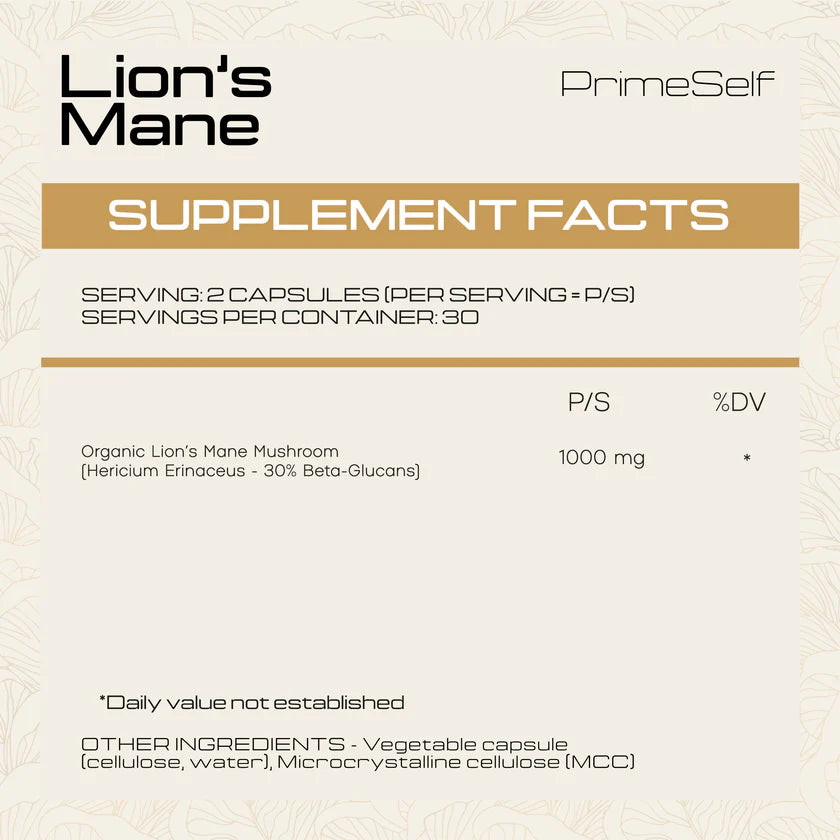 PrimeSelf Organic Lion's Mane Mushroom - 60 Capsules