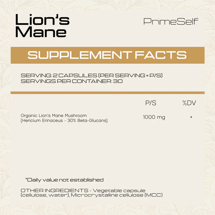 PrimeSelf Organic Lion's Mane Mushroom - 60 Capsules