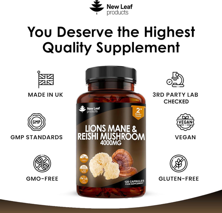 New Leaf Lions Mane & Reishi High Strength Capsules - 120 Capsules