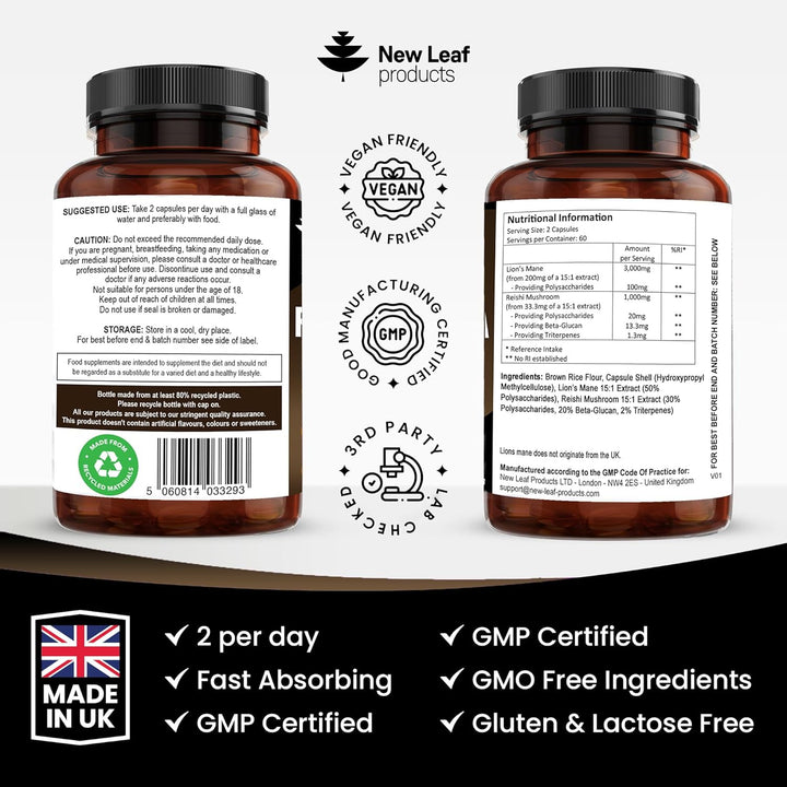 New Leaf Lions Mane & Reishi High Strength Capsules - 120 Capsules