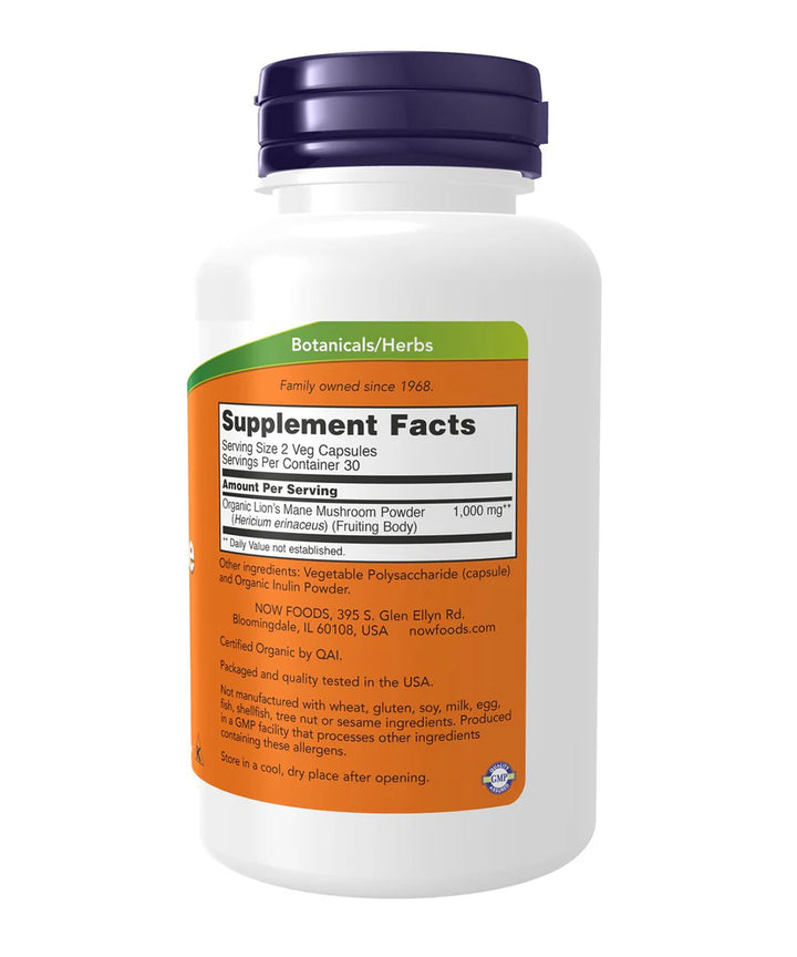 NOW Foods Lions Mane Mushroom (Organic) - 60 Veg Capsules