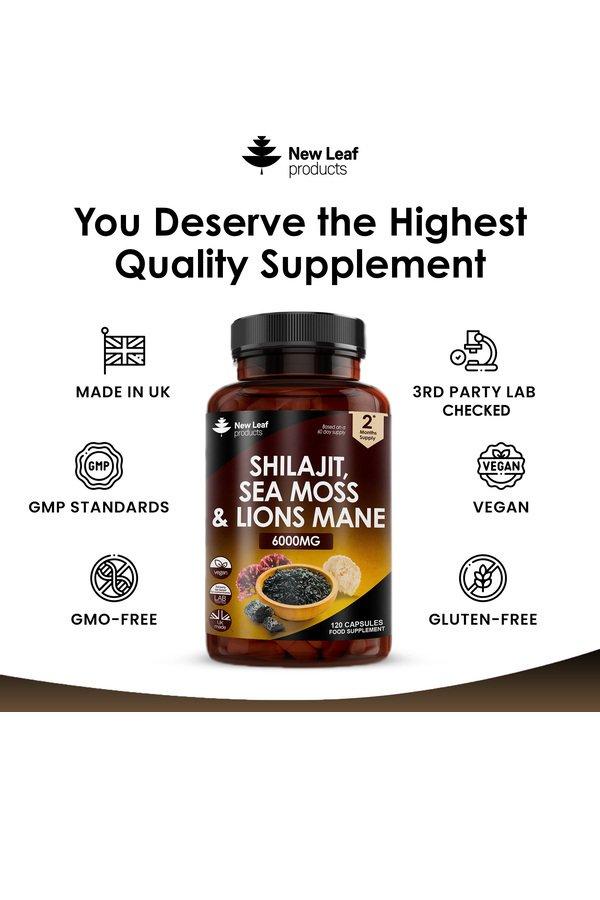 New Leaf Shilajit Sea Moss & Lions Mane High Strength Capsules - 120 Capsules