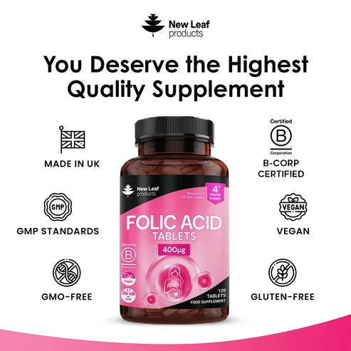 New Leaf Folic Acid - 120 Tablets - High Strength Pregnancy Vitamins