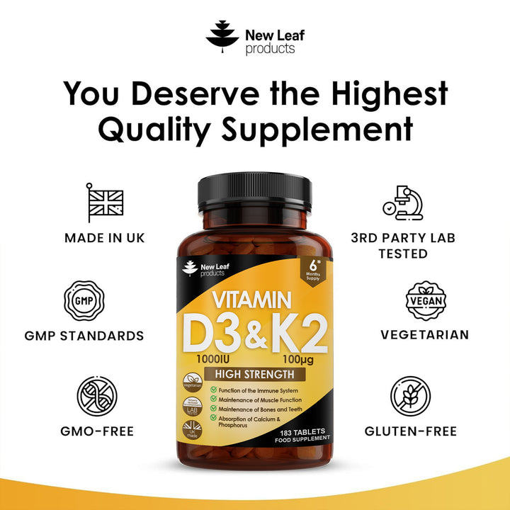 New Leaf Vitamin D3 & K2 High Strength - 183 Tablets