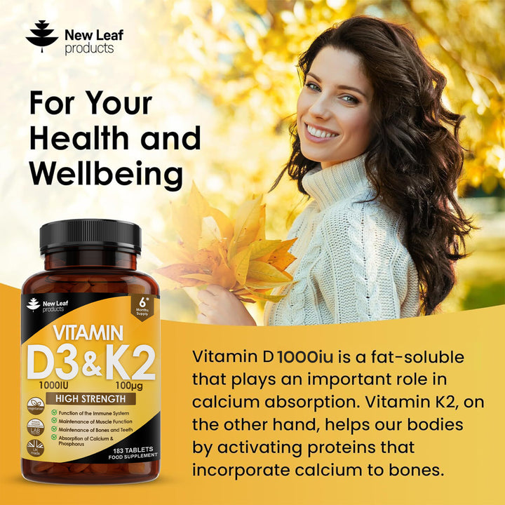 New Leaf Vitamin D3 (1000IU) & K2 (100μg) - 183 Tablets