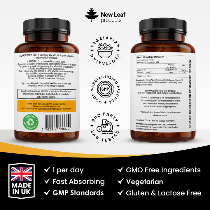 New Leaf Vitamin D3 (1000IU) & K2 (100μg) - 183 Tablets