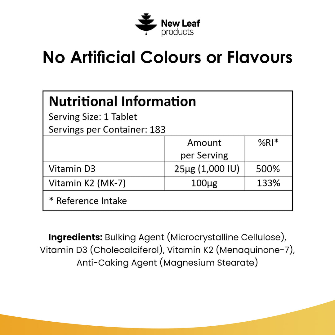 New Leaf Vitamin D3 (1000IU) & K2 (100μg) - 183 Tablets