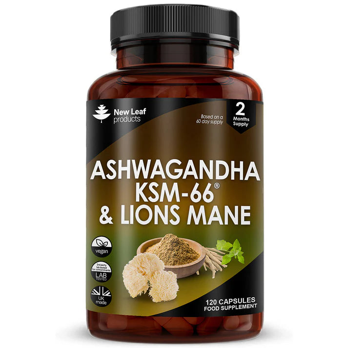 New Leaf Ashwagandha KSM-66 & Lions Mane Capsules - 120 High Strength 2000mg Vegan Capsules with Black Pepper