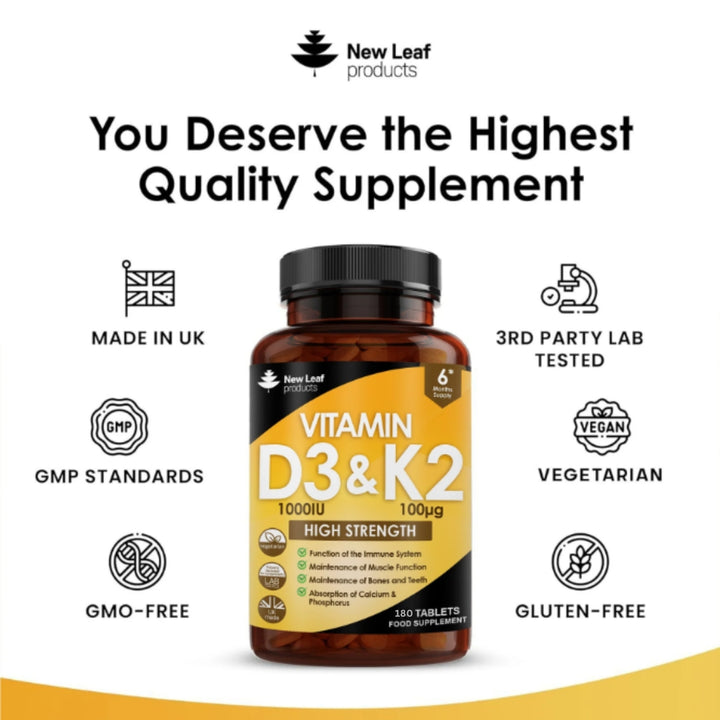 New Leaf Vitamin D3 &amp; K2 High Strength - 180 Tablets