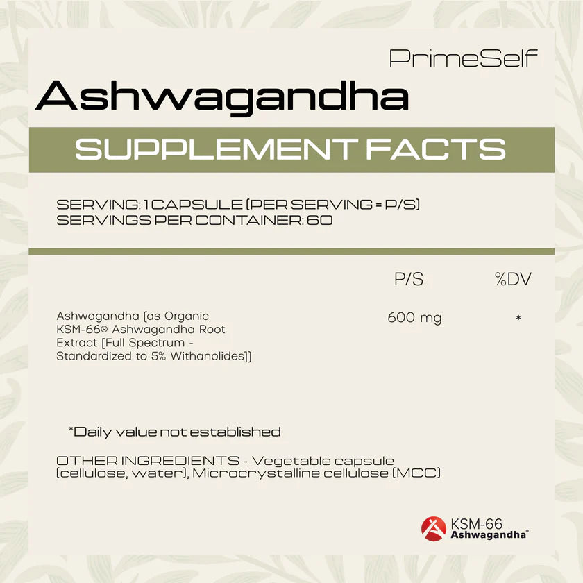 PrimeSelf Ashwagandha Organic KSM-66 - 60 Capsules