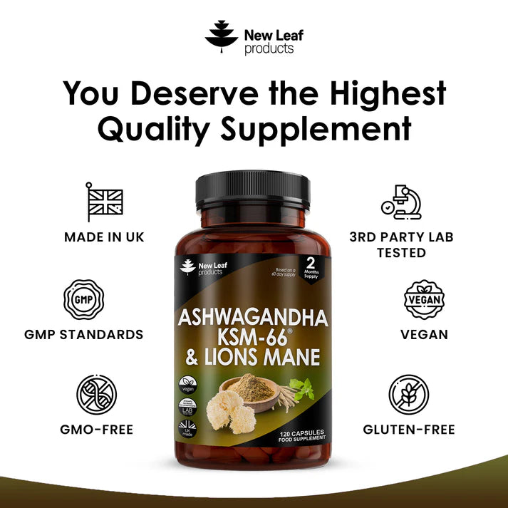 New Leaf Ashwagandha KSM-66 & Lions Mane Capsules - 120 High Strength 2000mg Vegan Capsules with Black Pepper