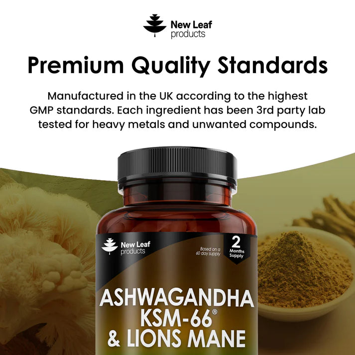 New Leaf Ashwagandha KSM-66 & Lions Mane Capsules - 120 High Strength 2000mg Vegan Capsules with Black Pepper