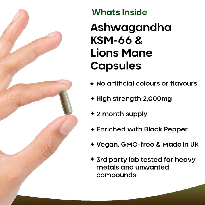 New Leaf Ashwagandha KSM-66 & Lions Mane Capsules - 120 High Strength 2000mg Vegan Capsules with Black Pepper