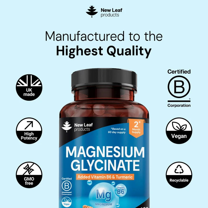 New Leaf Magnesium Glycinate with Vitamin B6 &amp; Turmeric – 120 Capsules