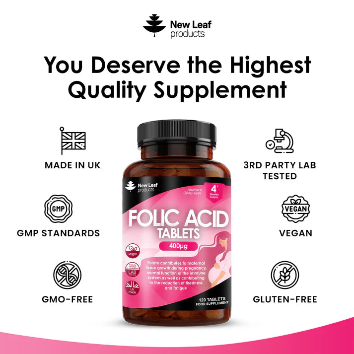 New Leaf Folic Acid - 120 Tablets - High Strength Pregnancy Vitamins