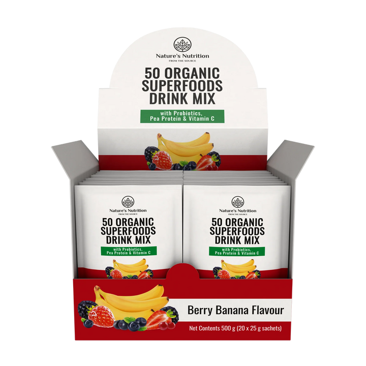 Nature's Nutrition 50 Organic Superfoods Drink Mix Box | Berry Banana - 20 Sachets