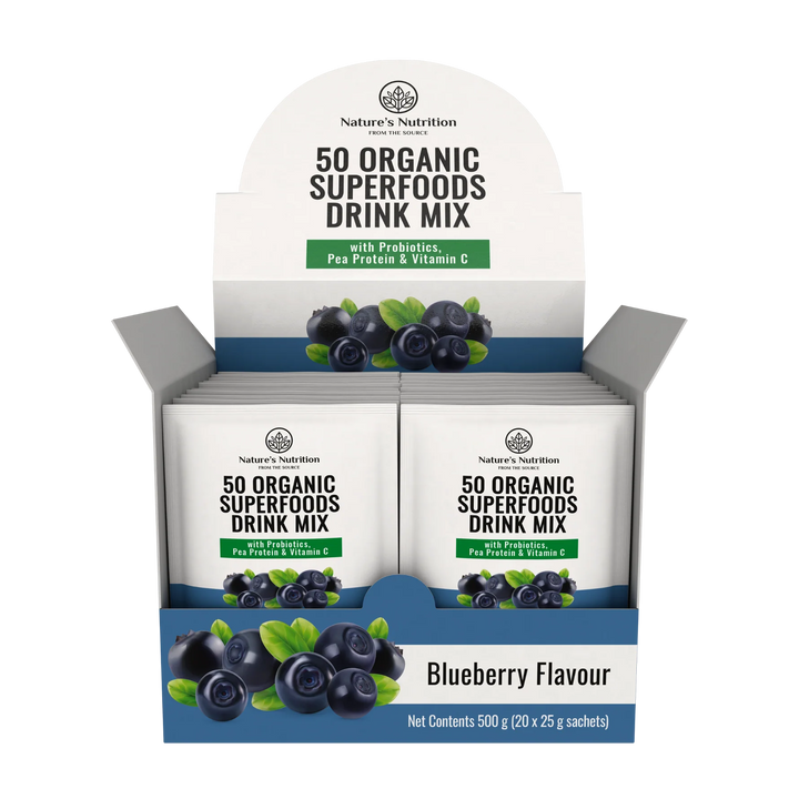 Nature's Nutrition 50 Organic Superfoods Drink Mix Box | Blueberry - 20 Sachets