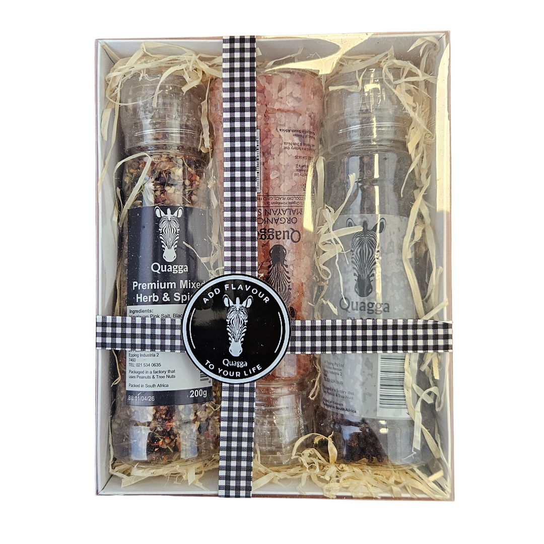 Quagga Gift Box - 375g Himalayan Salt; 185g Black Pepper & Premium Mixed Herbs & Spices 200g