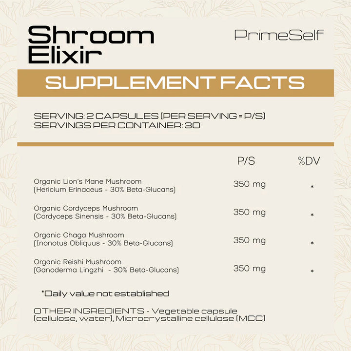 PrimeSelf Shroom Elixir Capsules 4-in-1 - Lion's Mane, Cordyceps, Chaga, Reishi  - 60 Capsules