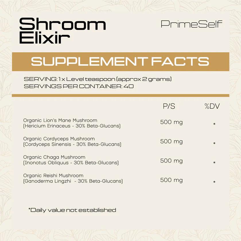 PrimeSelf Shroom Elixir Powder 4-in-1 - Lion's Mane, Cordyceps, Chaga, Reishi  - 80g