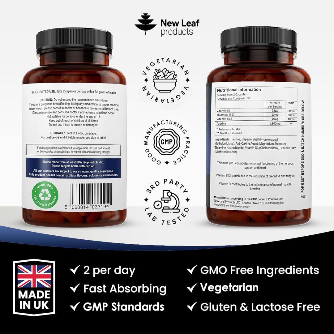 New Leaf Taurine 1800mg with Vitamins B1, B12 & D3 - 120 Capsules