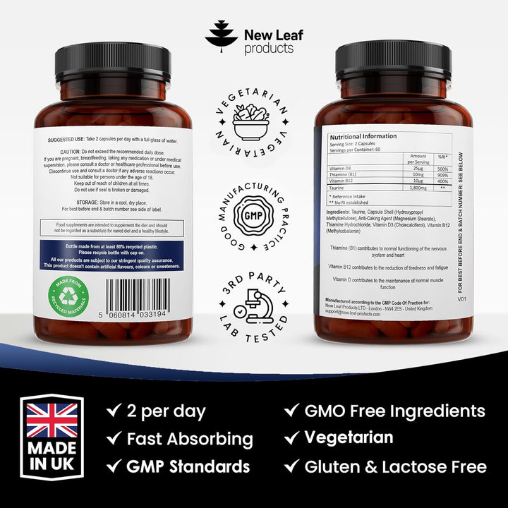 New Leaf Taurine 1800mg with Vitamins B1, B12 & D3 - 120 Capsules