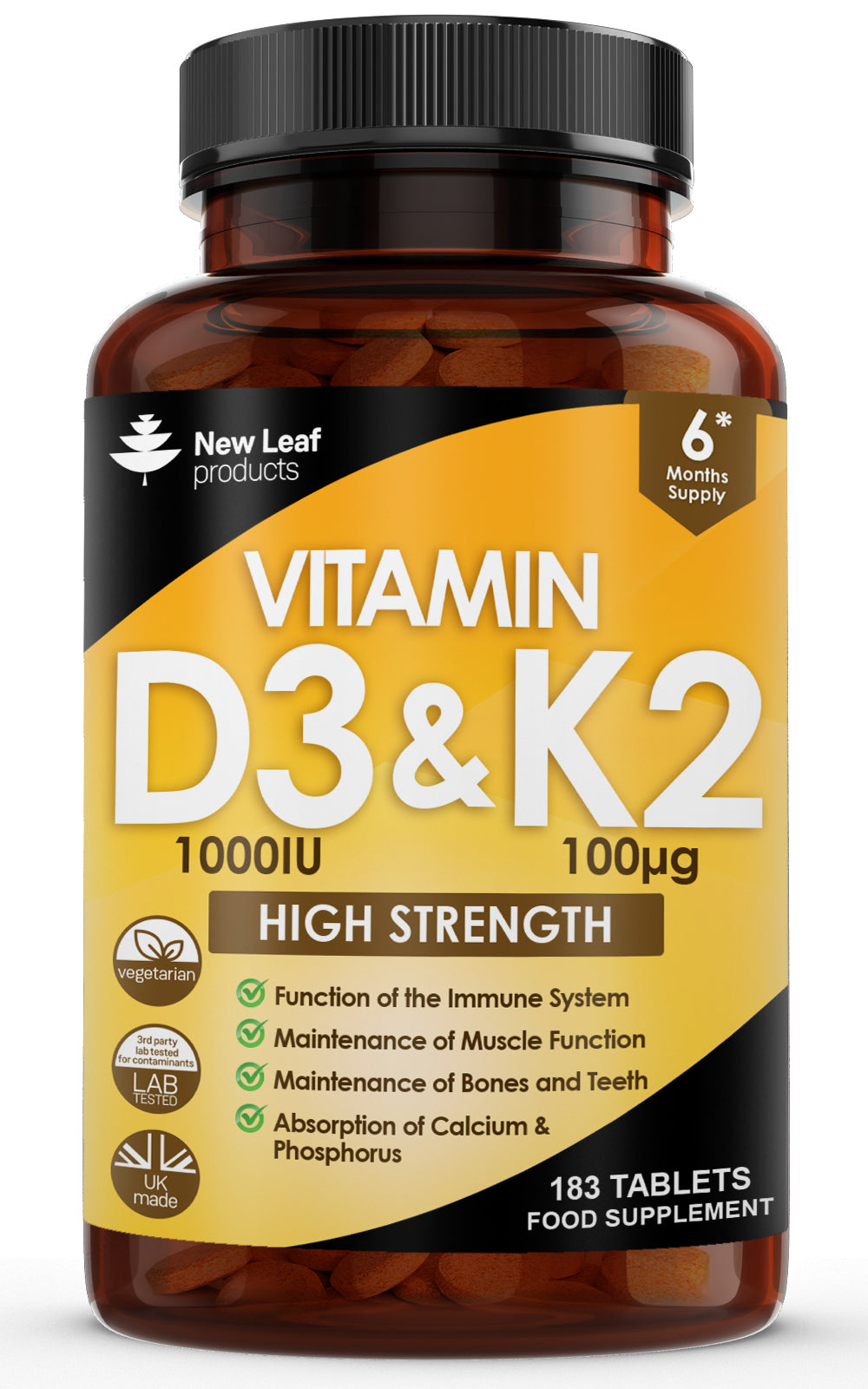 New Leaf Vitamin D3 (1000IU) & K2 (100μg) - 183 Tablets