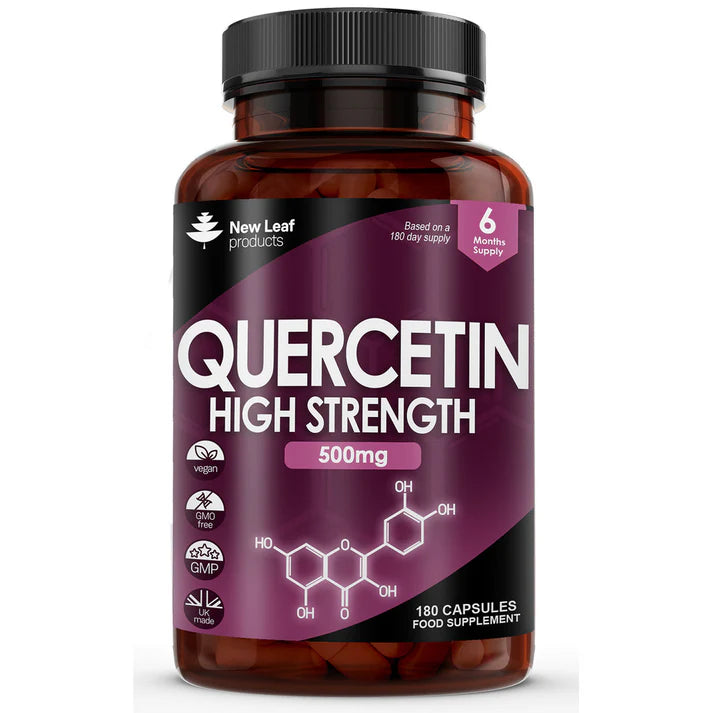 A bottle of New Leaf Quercetin High Strength dietary supplement with 180 capsules, labeled for immune support, anti-inflammatory, and high strength 500mg Quercetin.